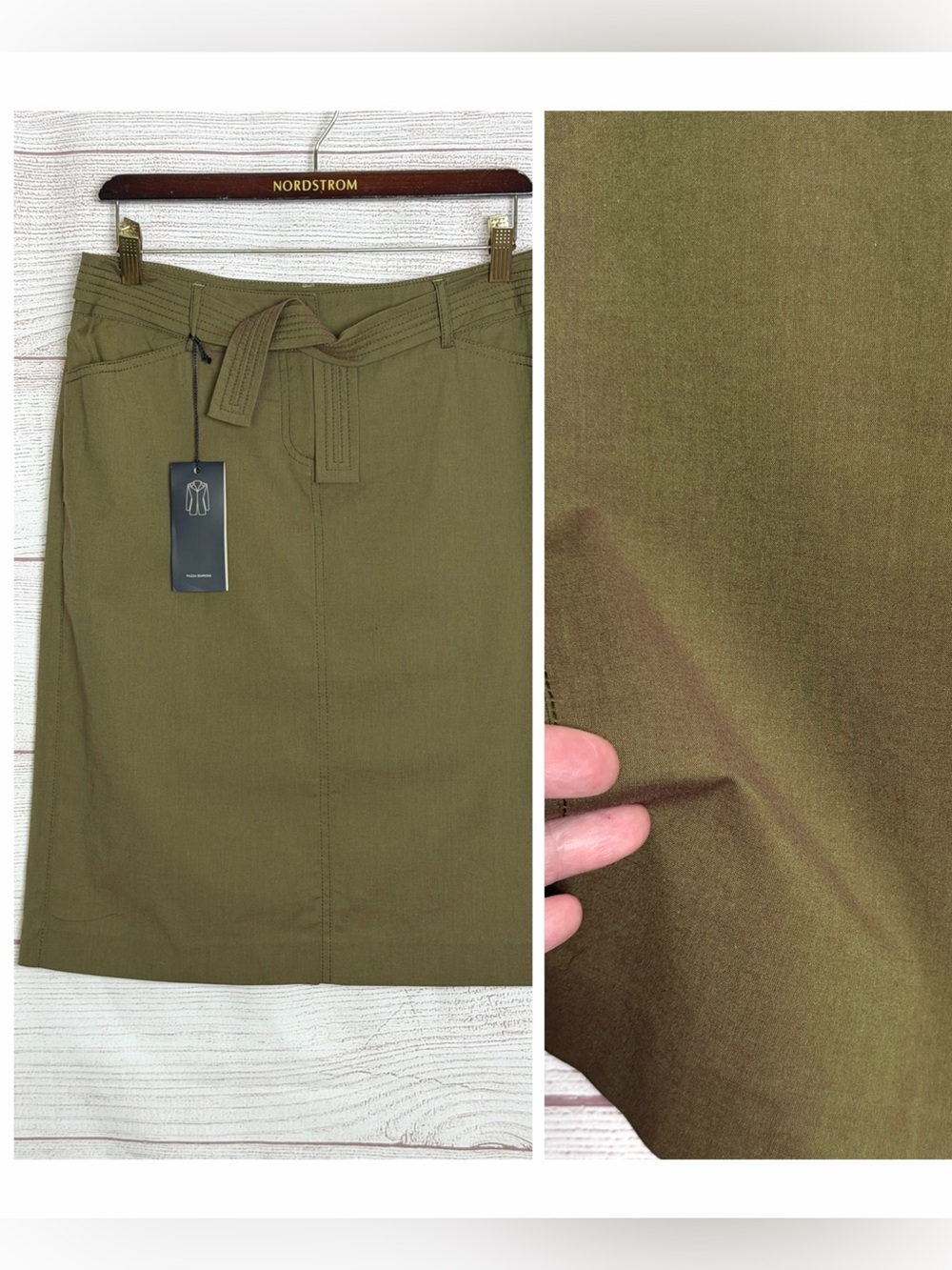 NWT Piazza Sempione Olive Iridescent Cotton Blend Pencil Skirt Belted IT 44 US10
